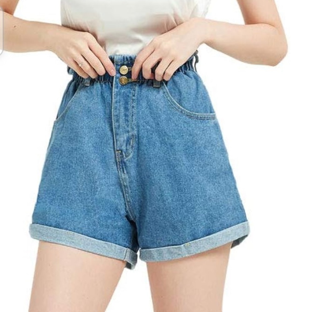 Plaid & Plain Women High Waister Paperbag Denim Jean Shorts XL New